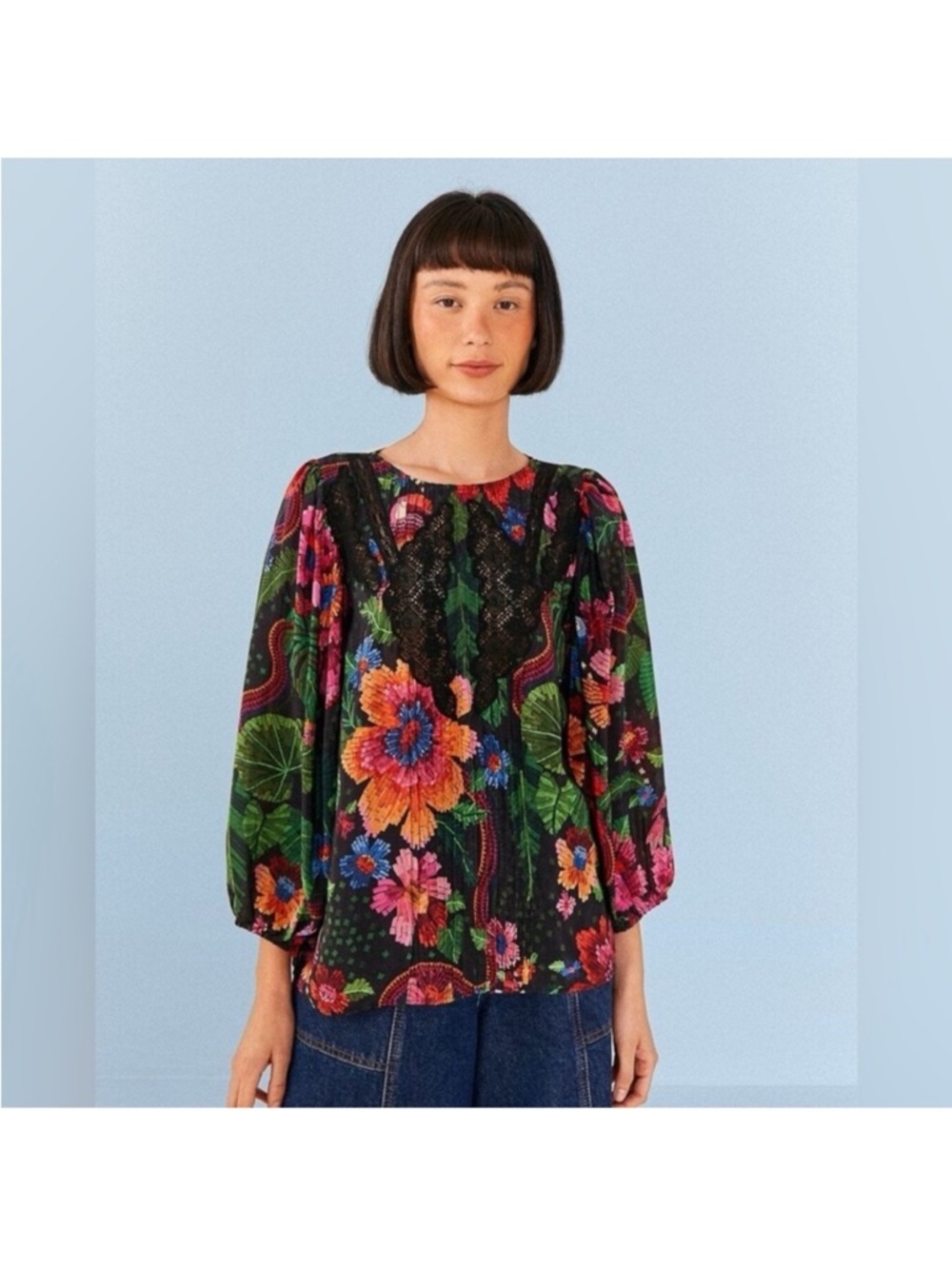 FARM RIO Black Blooming Garden Blouse Size Small S $185